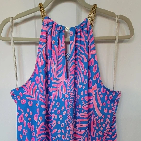 Lilly Pulitzer Vibrant Blue and Pink Tank Top Gold Chain - Picture 6 of 9